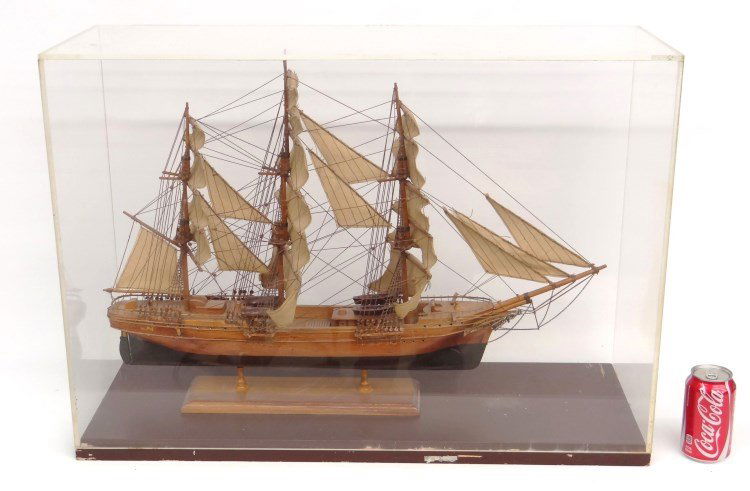 Early Ship Model: Early ship model in plexiglass case. Case 30 1/2" x 11" x 21 3/4" Ht..