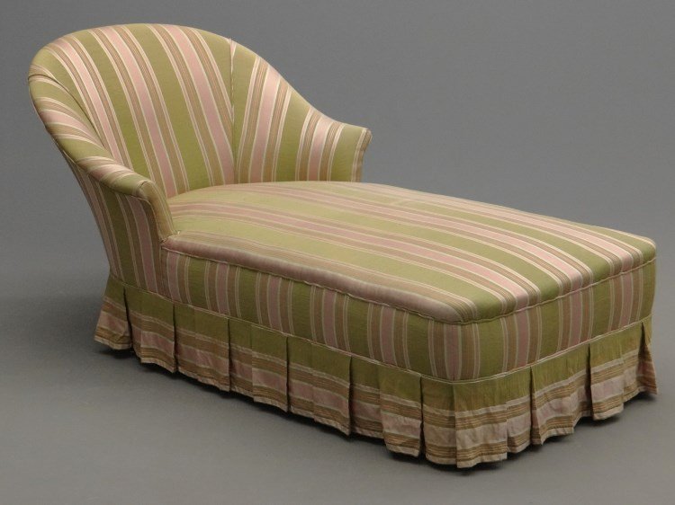 Upholstered Chaise Lounge: Decorative silk upholstered chaise lounge. 68" L.