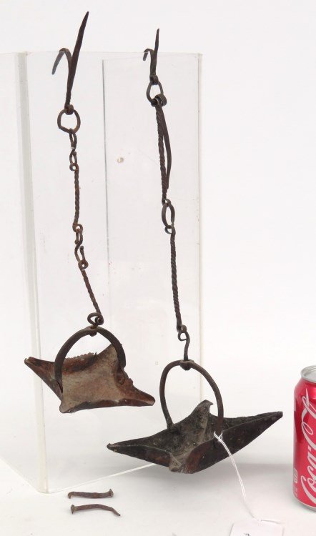 Hanging Lamps: Lot two 18th c iron hanging fat lamps. 12" and 16" Ht. Provenance Dr. Jamie Turndorf Millbrook New York.