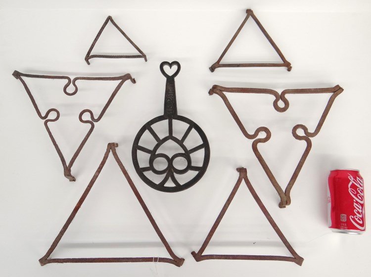 Trivet Lot: Lot of (7) 18th/19th c. metalware trivets, one dated 1829. Provenance Dr. Jamie Turndorf Millbrook New York.