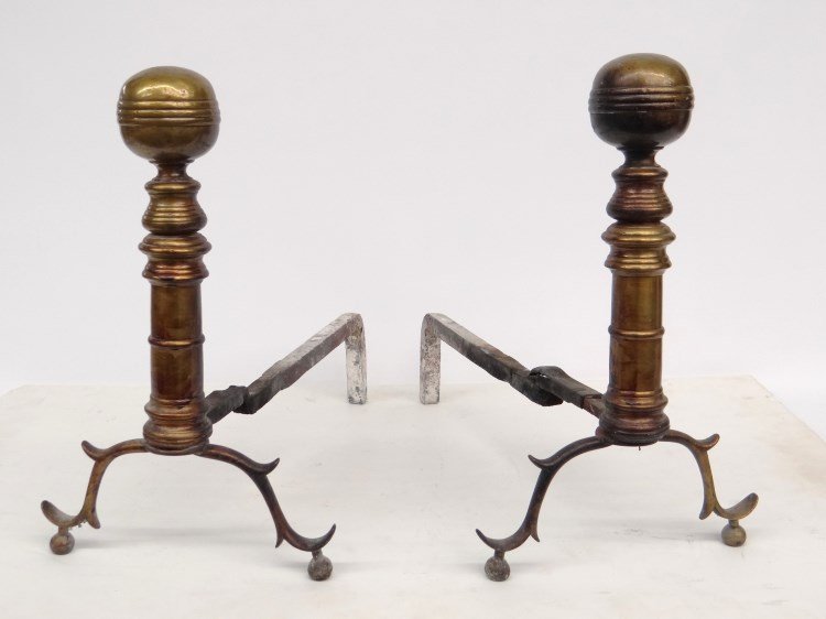 Pair 19th c. Andirons: Pair early 19th c. brass ball top andirons with ball feet. 15 1/2" Ht., 18" D. Provenance Dr. Jamie Turndorf Millbrook New York.