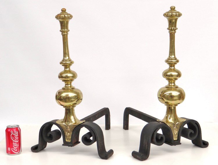 S. Duncomb Signed Andirons: Pair brass and iron andirons marked "S Duncomb 1837" (Samuel Duncomb England 19th c.), 23" Ht., 21" D.
