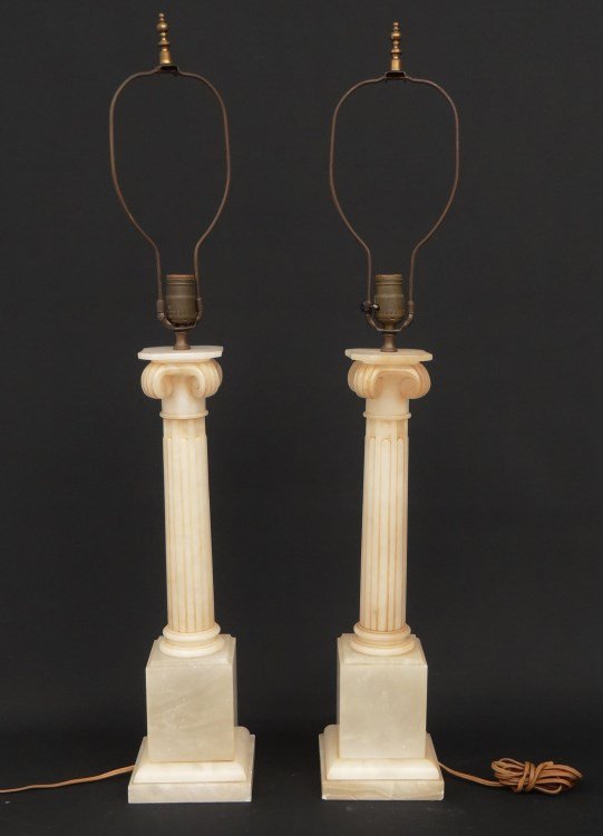 Pair Alabaster Lamps: Pair early alabaster Ionic column lamps. 35" Ht.