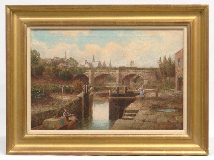 Continental School Old Barton Aquaduct: Continental School, marked verso "Old Barton Aquaduct, showing the Detrafford Chapel & School and St. Catherines...from an original sketch by Albert Dunington...", signed illegibly LRC, oil on canvas.
