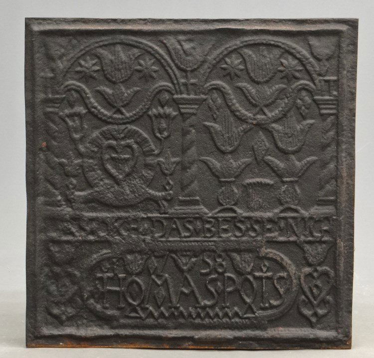 20th c. Fireplate "HOMASPOTS 1758": 20th c. cast iron fireplate marked ".....DAS SCEESSE HOMASPOTS 1758". 23 1/2" x 24" Ht. Made by Thomas Pots.