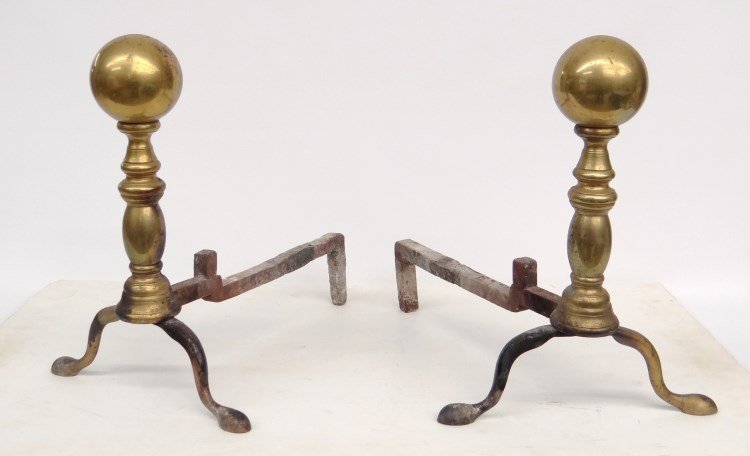 Pair 19th c. Andirons: Pair 19th c. brass ball top andirons. 15" Ht., 16" L. Property of a New Jersey Collector.