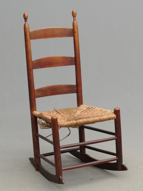 19th c. Shaker Youth Rocking Chair: 19th c. Shaker Mt. Lebanon youth chair with rush seat. 15 1/2" seat Ht., 35" overall Ht. Property of a New Jersey Collector.