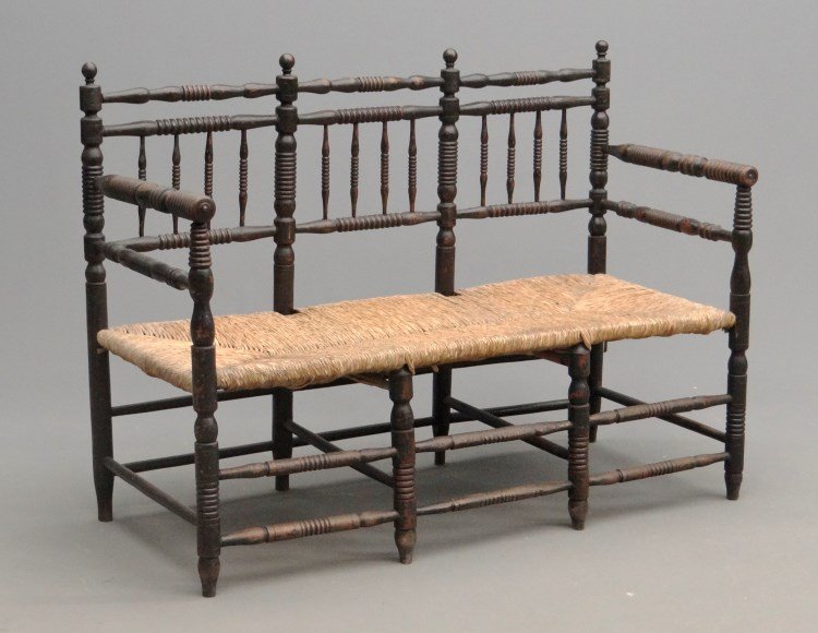 French Spool Settee: Early French turned spool settee with rush seat. 46" x 20" x 34" Ht.