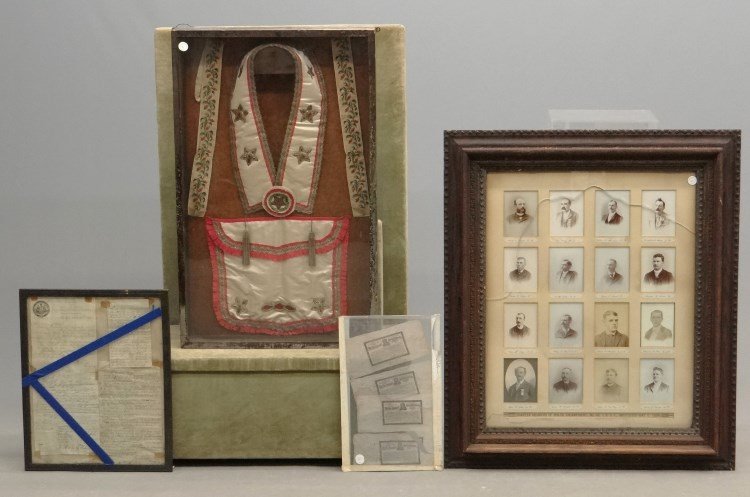 Masonic Lot: Lot including Rhinebeck N.Y. lodge paperwork from Grand Lodge Of State The State Of New York (glass broken), framed purse and ceremonial framed items (38 1/2" x 23"), framed photographs of members "Ch