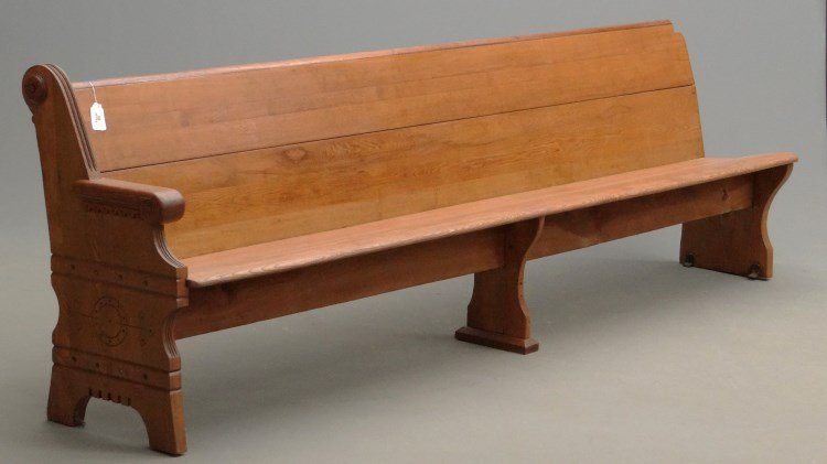 Oak Church Pew: C. 1900's oak church pew. 9' 3" L.