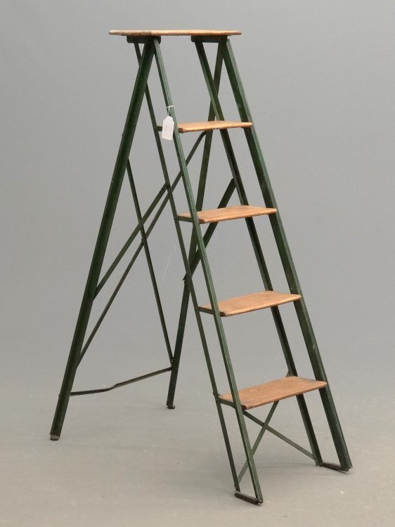 Vintage French Ladder: Vintage French metal and wood folding ladder labeled "L' ESCABEAU METALLIQUE JOLY...". 53" Ht. extended.