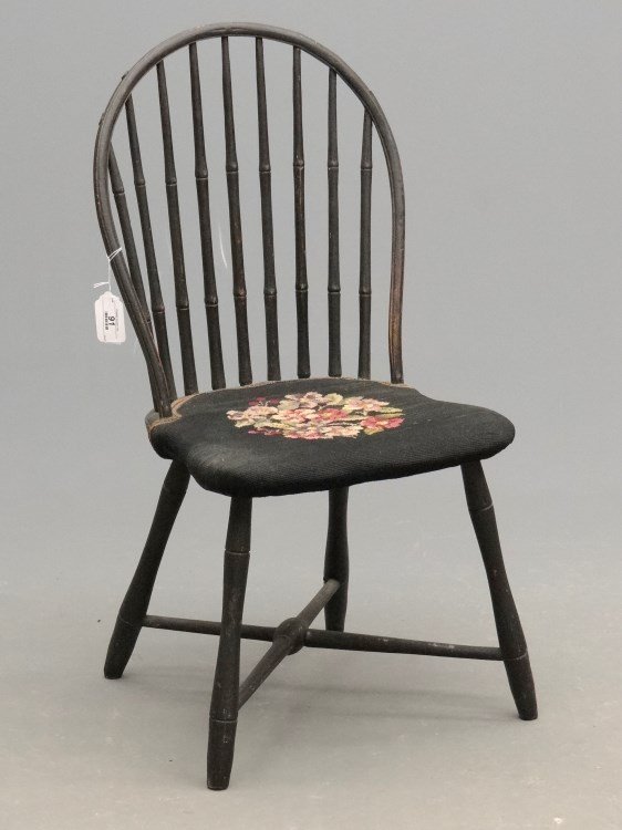 19th c. Windsor Chair: Early 19th c. (9) spindle Windsor chair with upholstered seat. In old black paint.