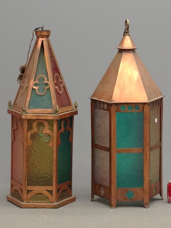 Pair Hanging Lanterns: Pair Gothic style copper and plastic lanterns. 40" and 43" Ht.