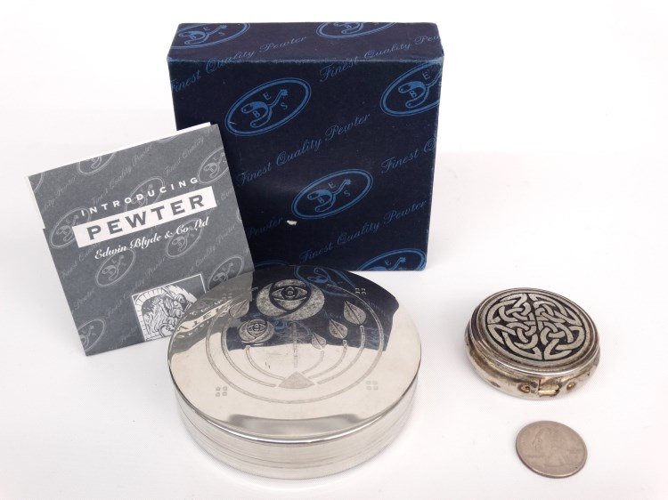 (2) English Pewter Boxes: (2) English Pewter Boxes: Small box by "St. Justin" Cornwall with Celtic knotwork; Large box by Edwin Blyde Ltd. of Sheffield with Art Nouveau design in orig. box.