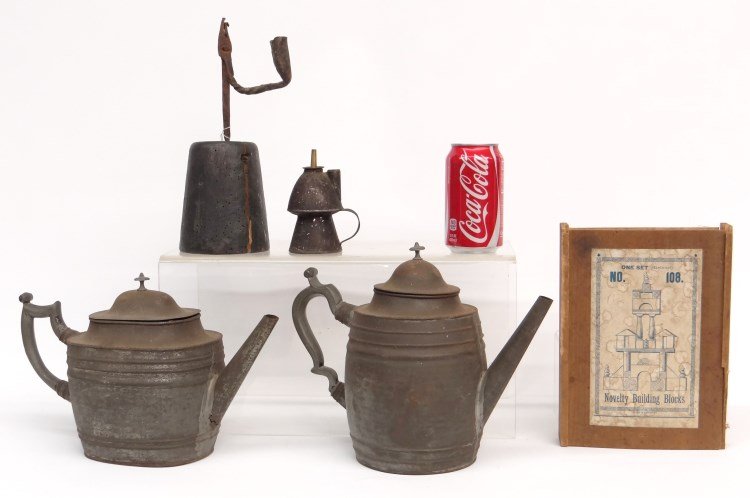 Misc. Lot: Misc. lot including (2) 19th c. tin pitchers (8" and 10" Ht.), early building blocks set (as found), 19th c. oil lamp (4 1/2" Ht.) 19th c. rush light (11" Ht.).