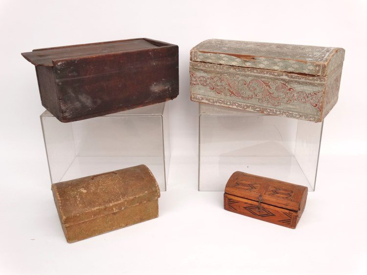 Lot Of Early Boxes: Lot of (4) 19th c. boxes including slide lid candlebox (15" L.), wallpaper box (14" W.), matchstick box (7 1/2" W.), and wallpaper box (9" W.).