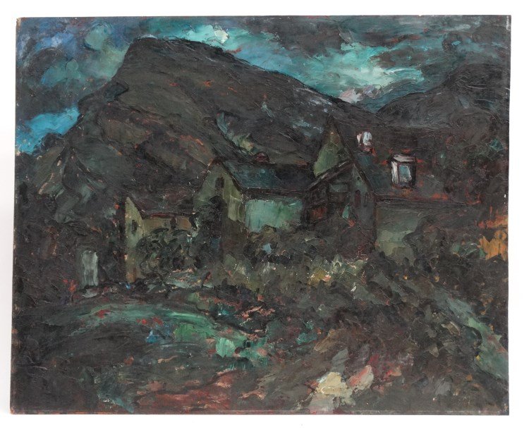 Continental School Landscape: Continental School, Impressionist landscape, oil on panel. Faintly signed illegibly LRC. Unframed, 32"x 39 1/2".