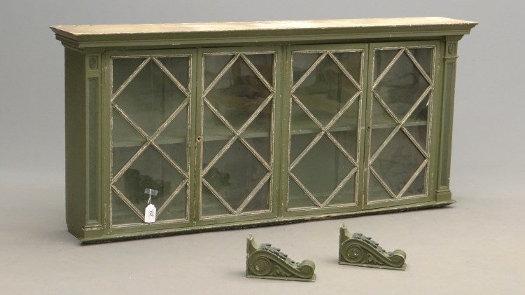 Wall Cabinet: Wall cabinet having (4) diamond paned doors. 68" x 11" 31" Ht.