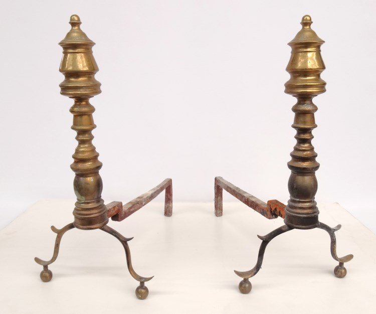Pair 19th c. Empire Andirons: Pair 19th c. Empire brass andirons. 18 1/2" Ht., 17" D.