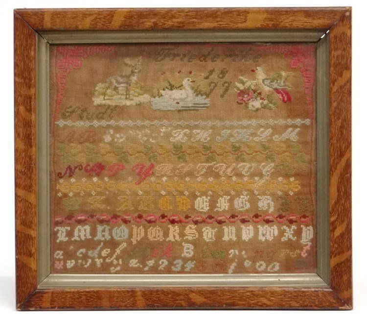 19th c. Sampler "Friederike 1877": 19th c. needlework sampler having animals, alphabet, numbers, "Friederike 1877". Sight 10" x 11 1/2".