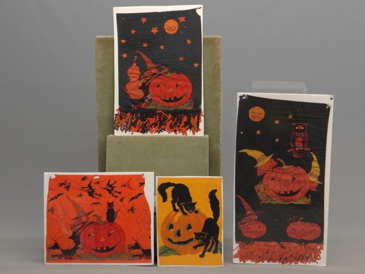 Halloween Lot: Lot of (4) vintage Halloween decorations. Matted on foam core. 20" x 14 1/2" to 37" x 21".