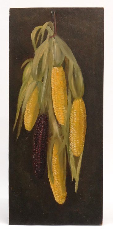 Painting On Panel, Still Life With Corn: Painting on wooden panel, still life with corn. 26" x 11 1/2".