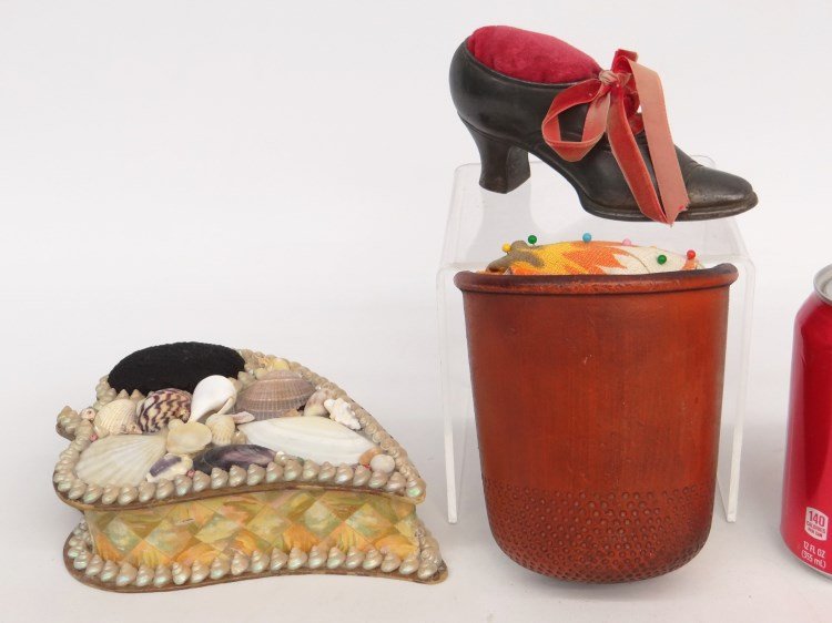 Misc. Lot: Misc. lot including shell box and two pin cushions.