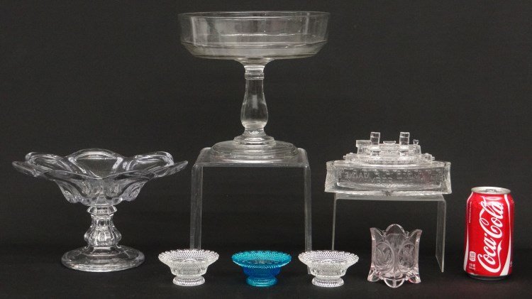 Glassware Lot: Lot including Remember The Maine dish, 1892 Morgan Dollar toothpick holder, (2) compotes and (3) salts.