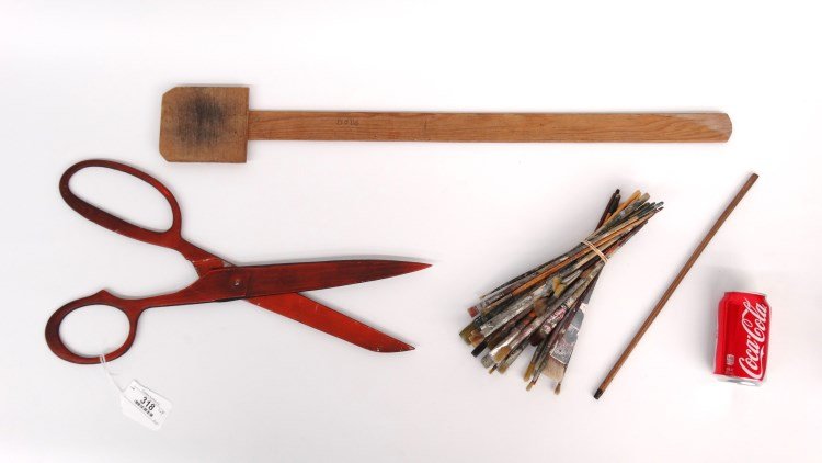 Misc. Lot: Misc. lot including paint brushes, large scissors, (2) wooden objects.