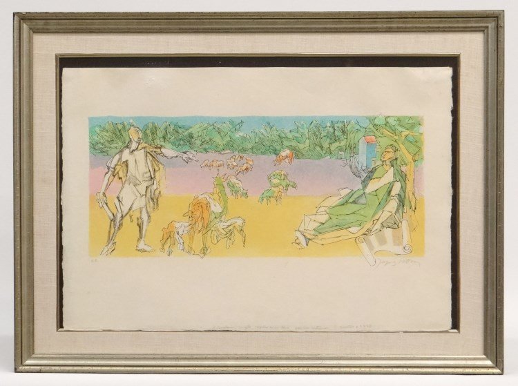 Jacques Villon, Sheep Herder, Lithograph: Jacques Villon, sheep herder, signed lithograph on paper, also inscribed, artist proof, title is written along bottom - Virgile Expulse de sa Teer Par Un Centurion 1955 (translation - Virgil being exp