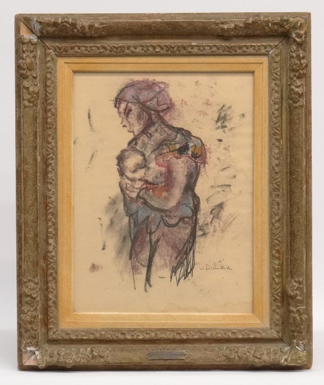 Willy Eisenschitz (France/Austria 1899-1974): Willy Eisenschitz (France/Austria 1899-1974), charcoal of mother and child. Signed LRC. Sight 15 1/2" x 11 1/2". Some staining LRC. Has plaque reading "On Loan From The Collection Of Nathan Cummings C