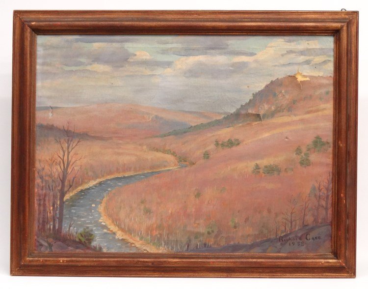 Robert Hunter Case (N.Y. b. 1909: Robert Hunter Case (N.Y. b. 1909), Western landscape, oil on canvas, dated 1938. Some damage. Painting 25" x 34".