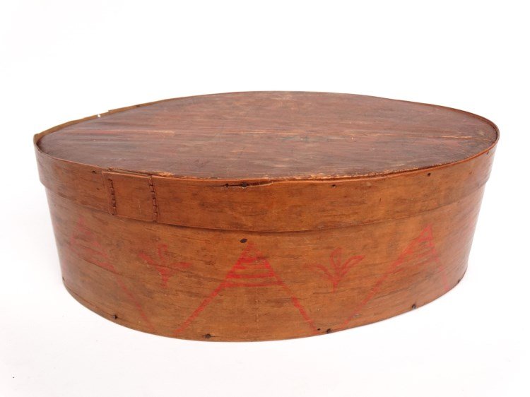 19th c. Micmac Tribe Oval Pantry Box: 19th c. Micmac tribe oval pantry box. 17" x 10" x 7" Ht.