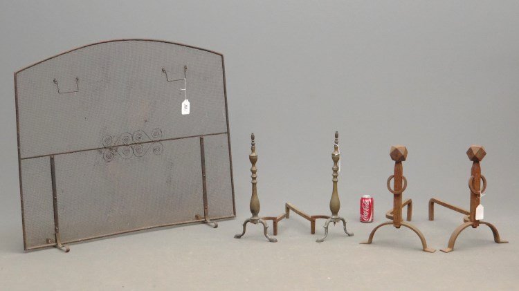 Fireplace Lot: Lot including firescreen (43" x 36" Ht.), along with (2) pair andirons, one broken.