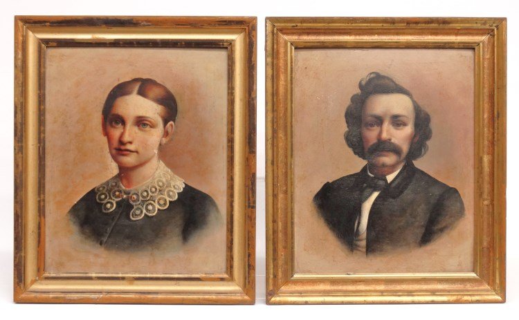 Pair 19th c. Portraits: Pair 19th c. oil on artist board portraits, members of the Holmes family. In gilt frames. Paintings 12" x 15".