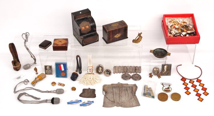 MIsc. Lot: Misc. lot including sterling silver apple (32 grams), early gutta-percha purse with hair lockets, jewelry box, misc. jewelry, pierce work bracelet, (2) mesh purses, sterling frames, Moderne necklace, 