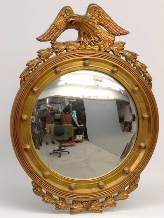 Vintage Convex Mirror With Eagle Crest: Vintage convex mirror with eagle crest. 23" x 31" Ht.