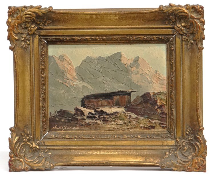 Georg Arnold-Grabone (Germany 1896 - 1982): Georg Arnold-Grabone (Germany 1896 - 1982), landscape, oil on artist board. Work 7" x 9 1/2".