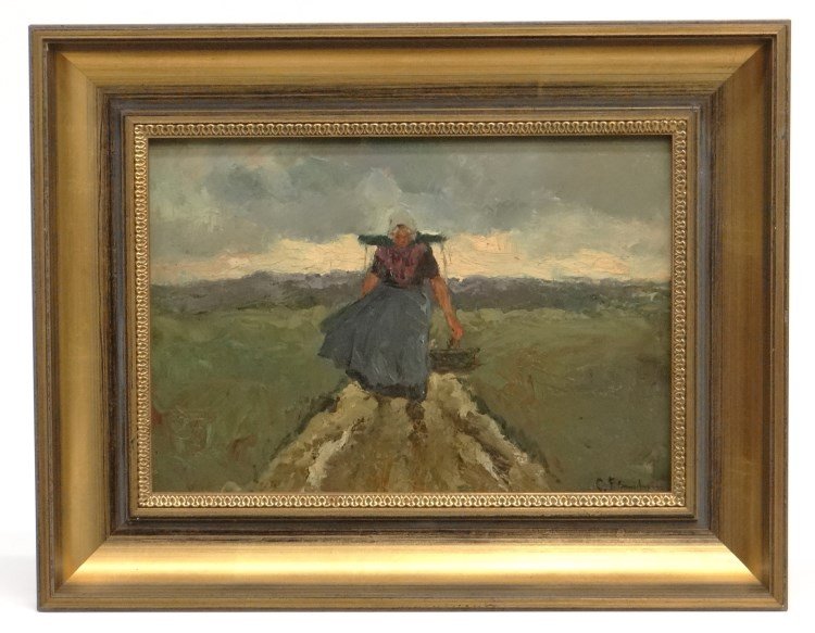 Continental School Woman With Basket: Continental school, woman with basket, oil on panel, signed LRC illegibly "S. Flam.....". Painting 10" x 14".