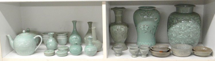 Asian Celadon Porcelain: Lot of (31) various pieces of Asian Celadon porcelain including teaset, vases, egg cups etc.