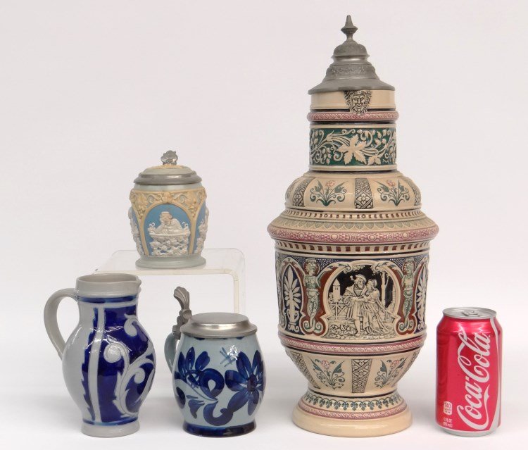 German Steins & Misc. Lot: Lot including tall Germany stein with pewter lid (17" Ht.), Villeroy & Boch stein (5" Ht.), contemporary Delft stein and pitcher.