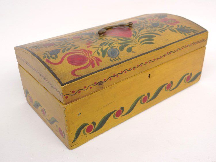 Painted Dome Top Box: 19th c. paint decorated dometop box with brass handle. 12" x 7" x 5" Ht.