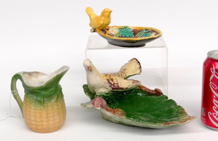Pottery Lot: Lot (3) pieces including Majolica tray with bird, pottery bird dish and corn pitcher (chipped).