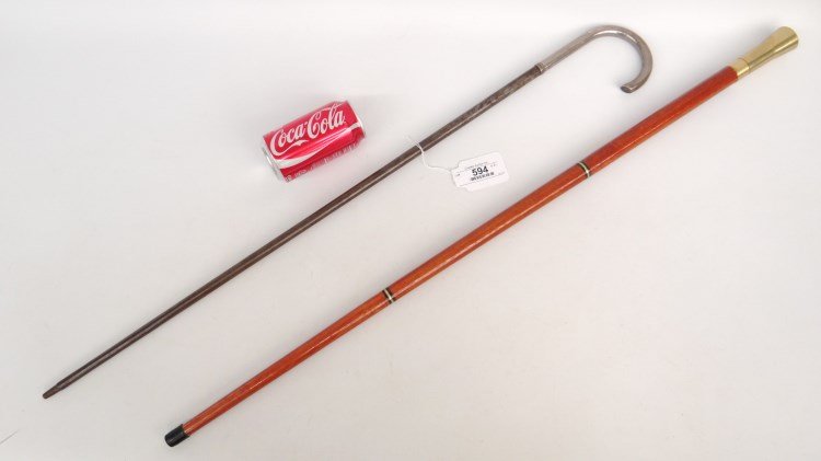 Cane Lot Including Flask & Sterling Silver ': Lot of (2) canes including flask (top unscrews revealing glass flask), along with silver cane marked ".800/C.A.".