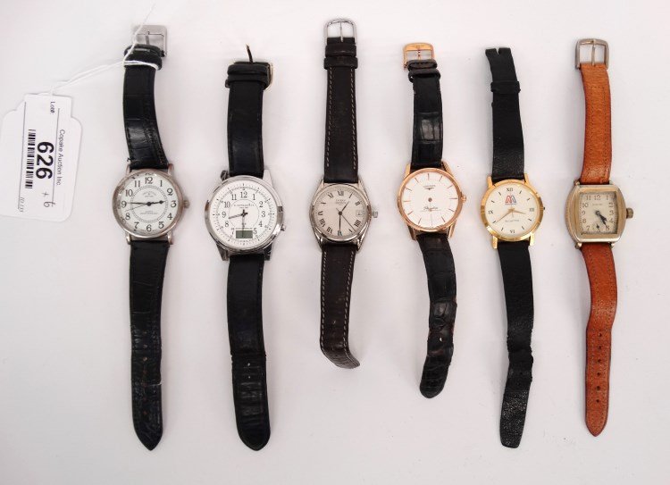 Watch Lot: Lot of (6) misc. watches including E. Howard & Co., radio controlled, Illinois, Montenay, Emerich Meerson, Longines (missing glass), Vellaccio.