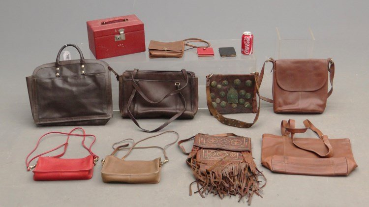 Lot Of (12) Purses And Handbags: Various lot of (12) purses and handbags including Coach, Mark Cross travel case etc.