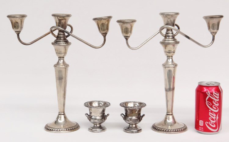 Sterling Silver Weighted Candelabra: Lot including pair sterling silver weighted candelabra, along with pair sterling silver weighted toothpick holders.