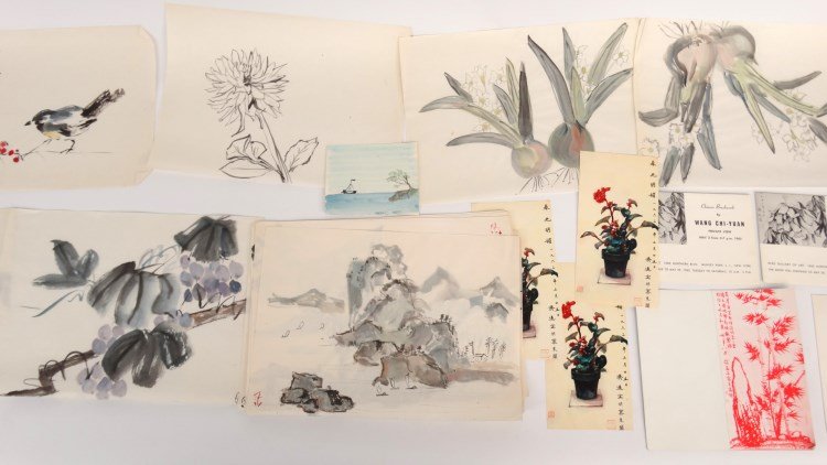 Wang Chi-Yuan Artwork Lot: Wang Chi-Yuan artwork lot including catalog, prints and watercolors.