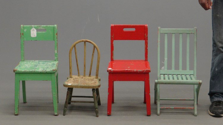 Children's Chairs: Lot of (4) children's chairs including folding (25 1/2" Ht.), and school chair in green paint (27" Ht.), red paint (25 1/2" Ht.), and Windsor (20" Ht.)