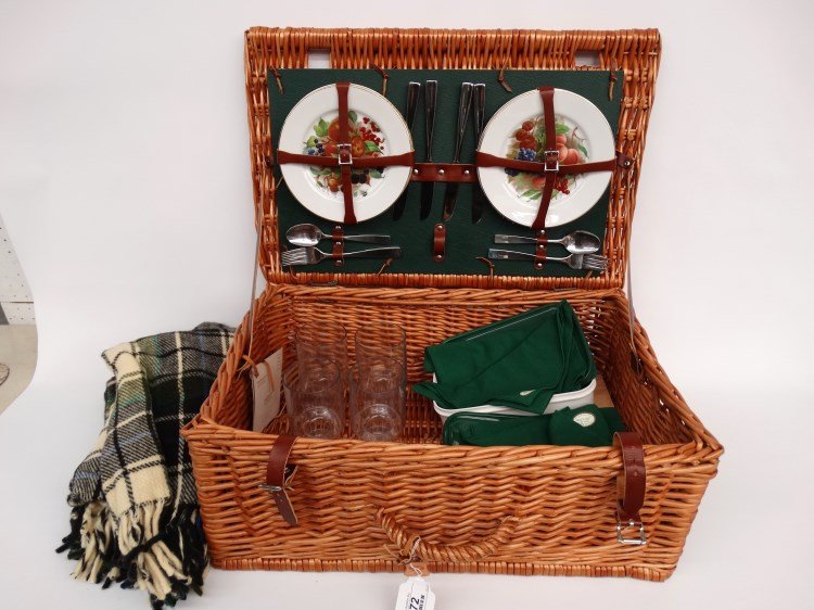 Thomas B. Swaine Picnic Basket: Picnic basket with complete contents. Labeled Thomas B. Swaine LTD.